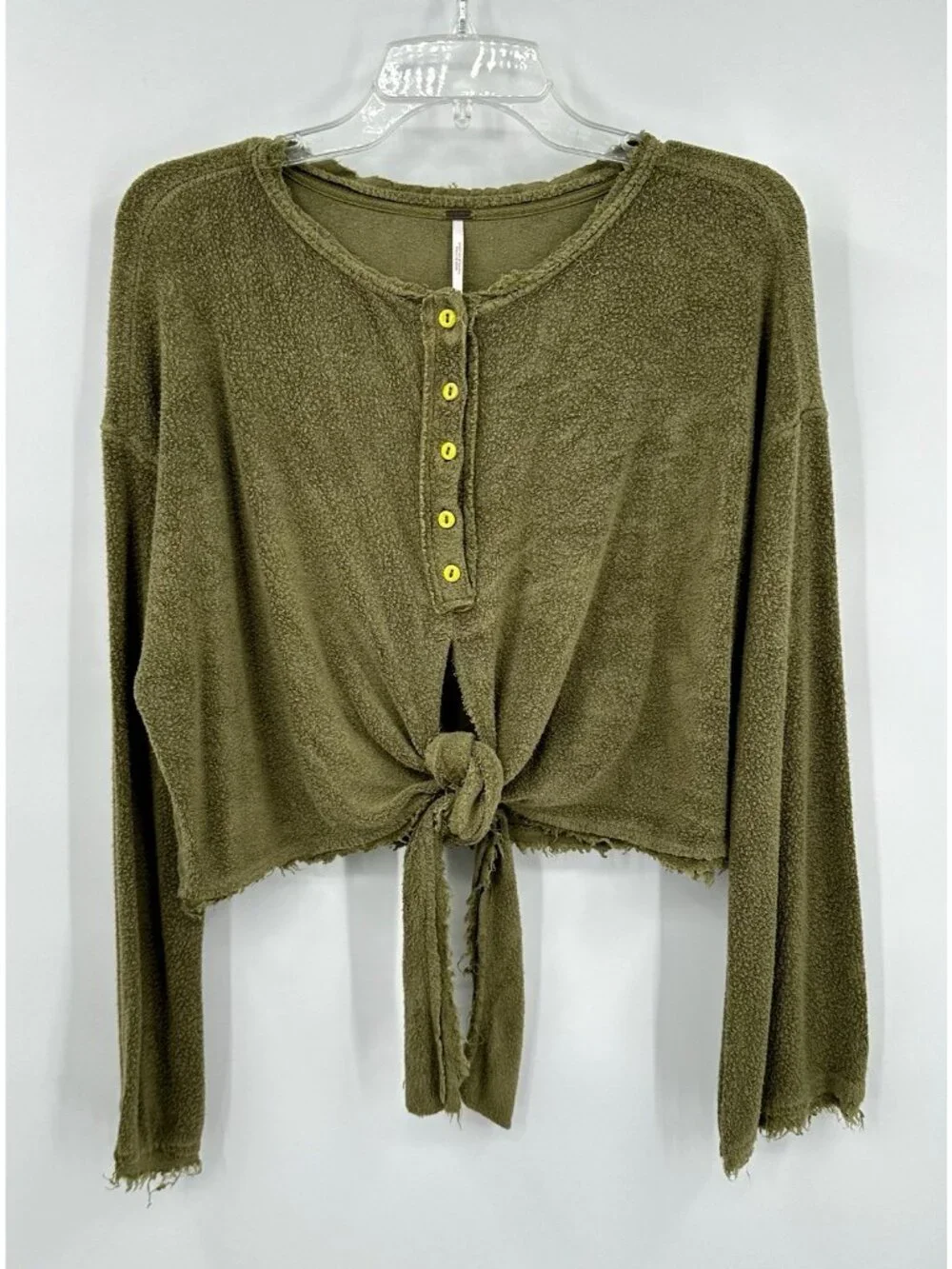 FREE PEOPLE shirt top cropped bell sleeve green MEDIUM casual boho retro tied - Picture 2 of 9